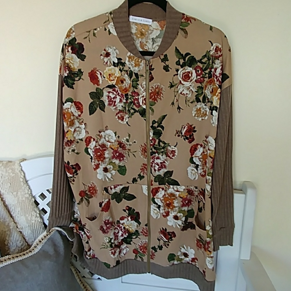 Multi-color Floral Zip Up Sweater